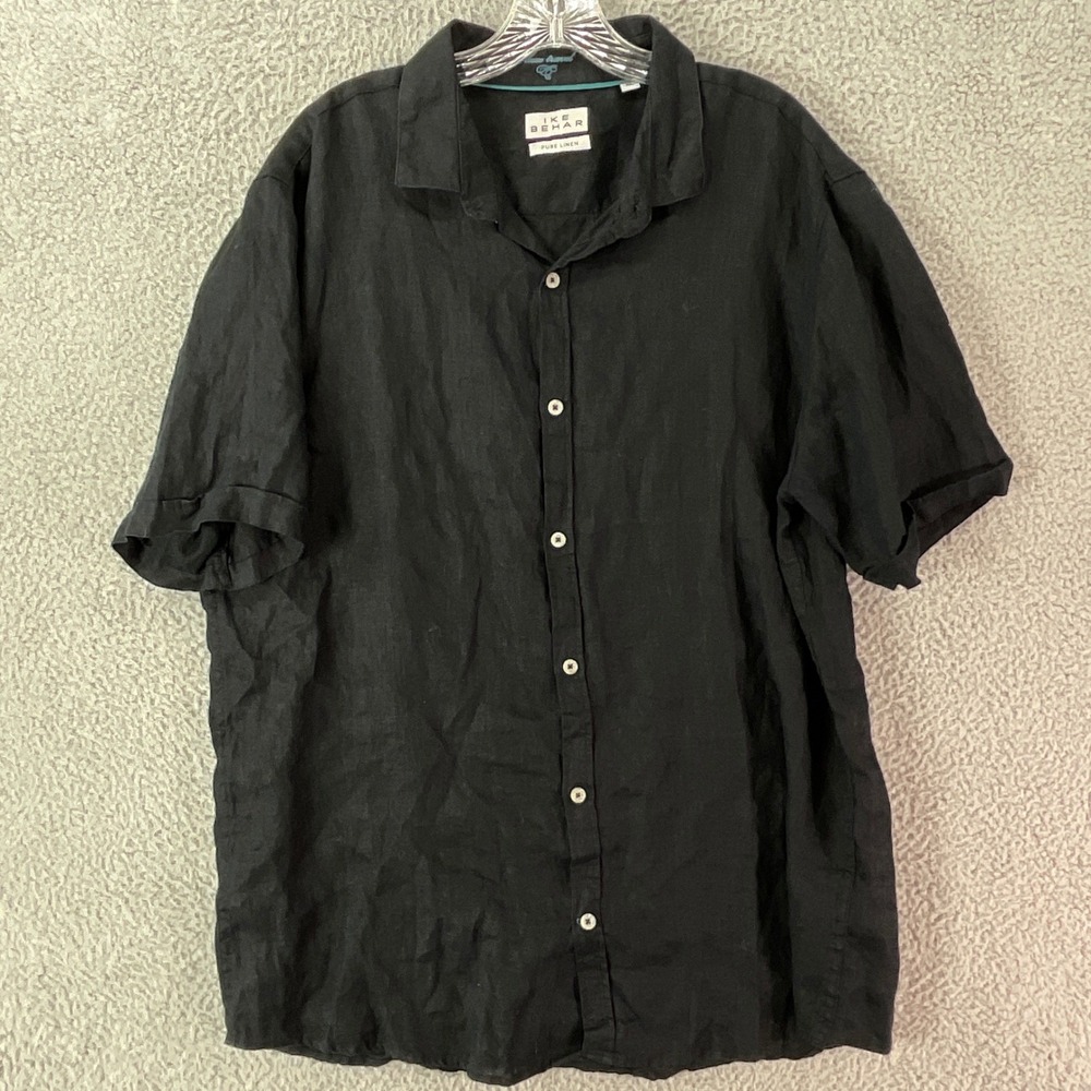 Ike Behar Button Down Shirt Mens XL Black Excellent Pure Linen Luxe Travel SS